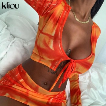 Sexy mesh see though 2 piece outfits full sleeve low-neck bandage sling crop top mini dress matching set 